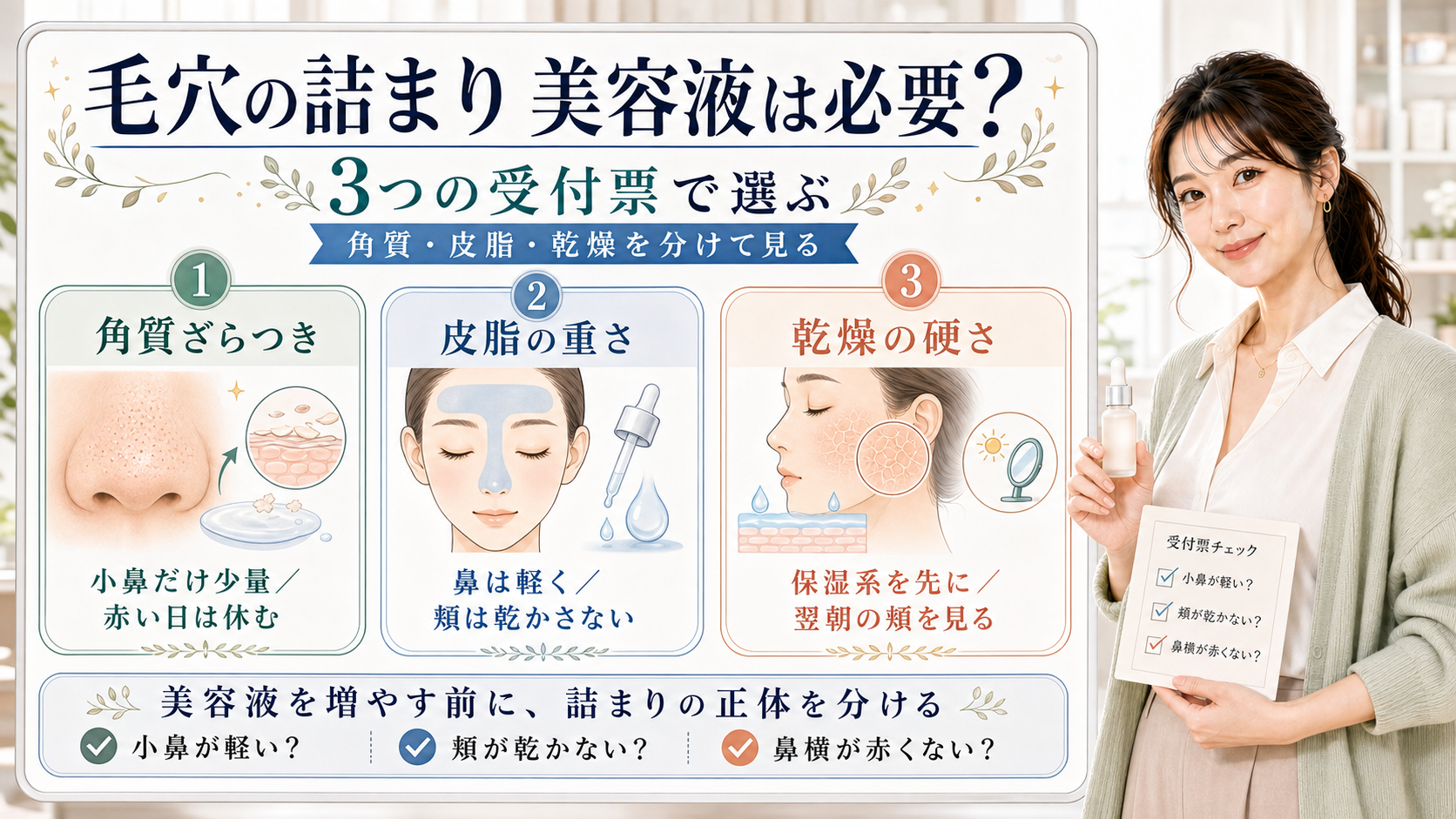 毛穴の詰まりに美容液が必要かを角質、皮脂、乾燥の3受付票で整理した美容解説ボード