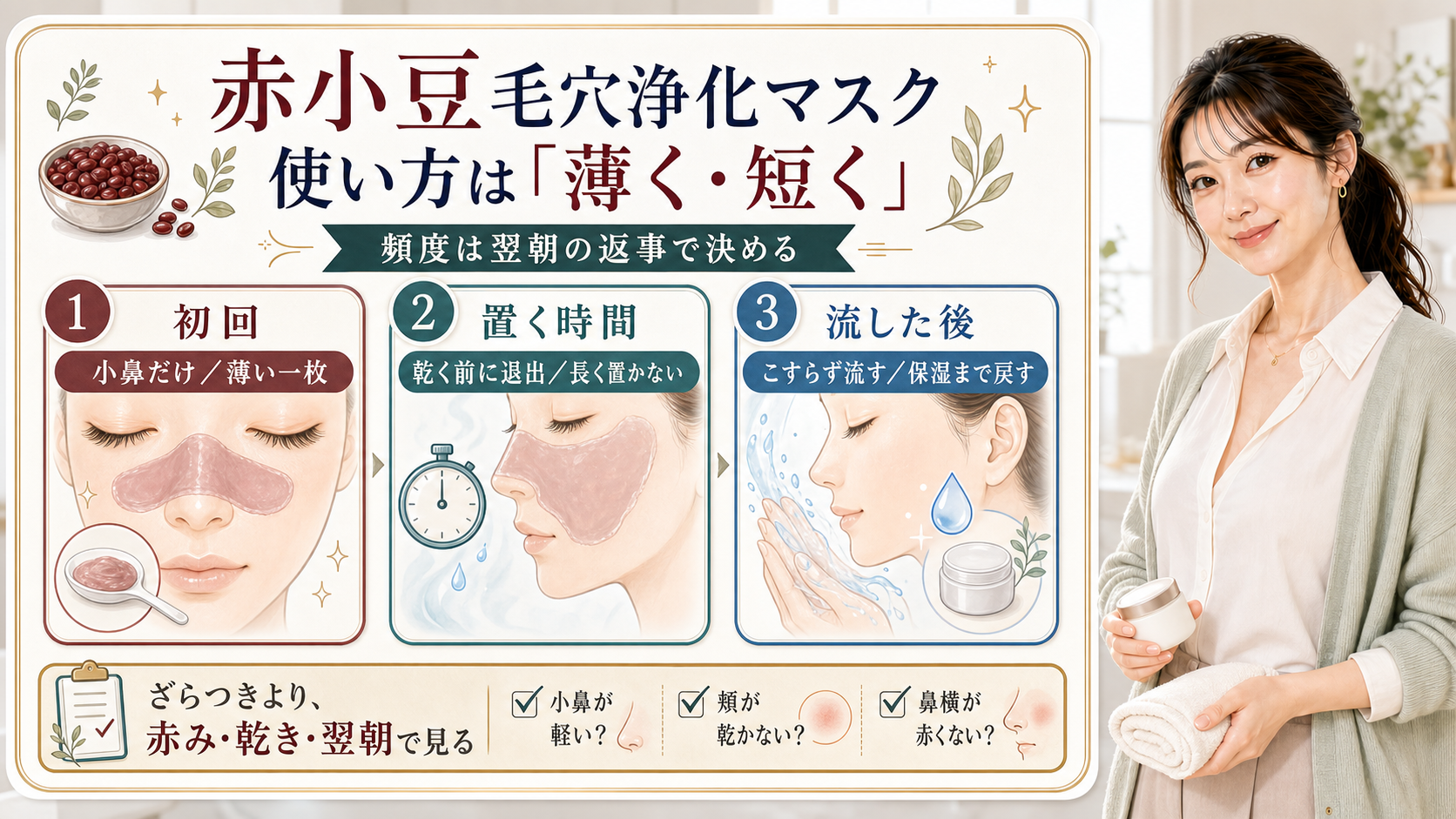 赤小豆毛穴浄化マスクの使い方を薄く短く置き、流した後に保湿まで戻す流れで整理した美容解説ボード