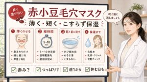 赤小豆毛穴マスクの使い方を、薄くのせる・短時間・乾く前に流す・保湿までの流れで大判ボードと女性解説者が示したアイキャッチ