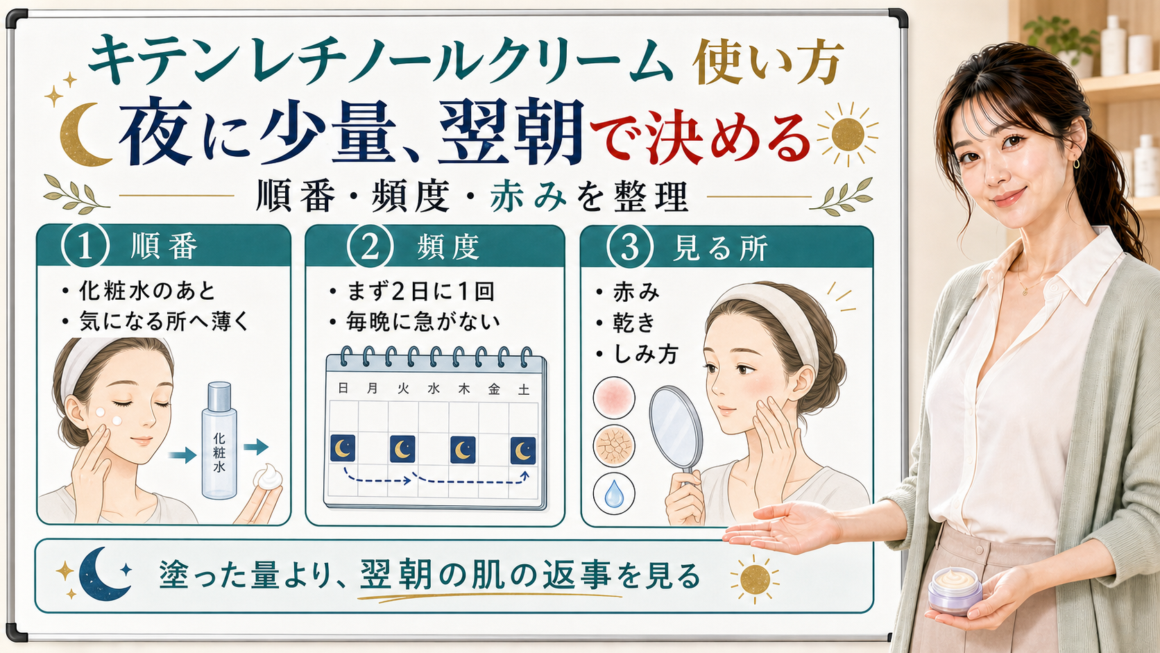 キテンレチノールクリームの使い方を夜に少量から始め、順番・頻度・翌朝の赤みや乾きを見て調整する流れで整理した美容解説ボード