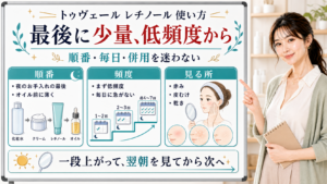 トゥヴェールのレチノールの使い方を最後に少量、低頻度から始める順番と翌朝の見方で整理した美容解説ボード