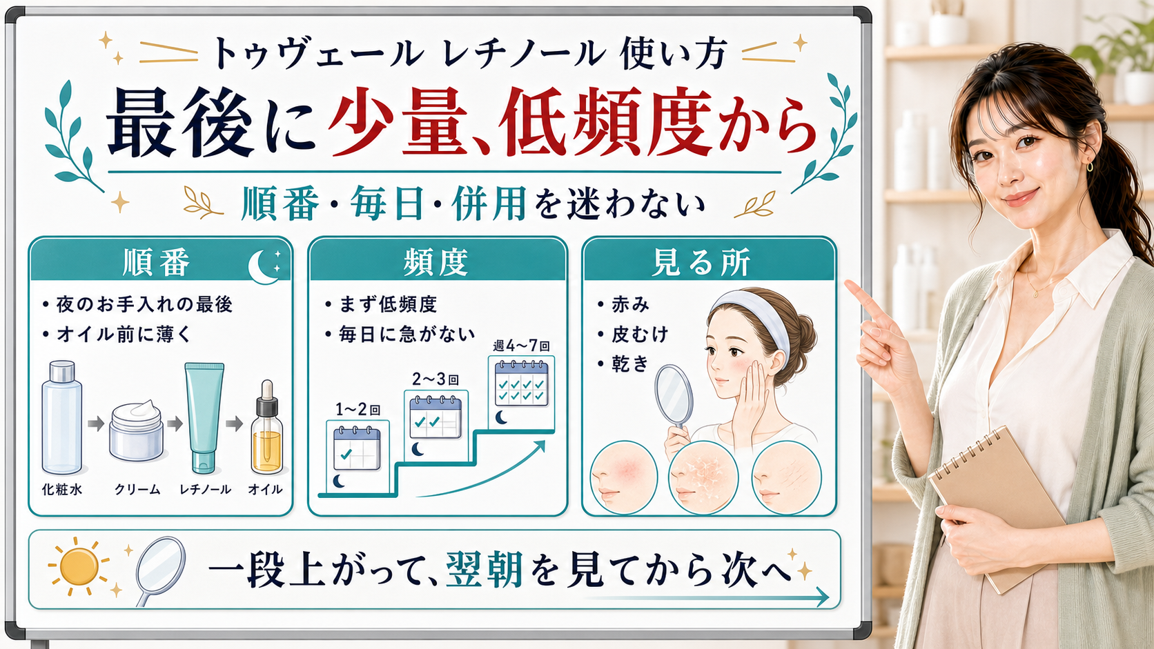 トゥヴェールのレチノールの使い方を最後に少量、低頻度から始める順番と翌朝の見方で整理した美容解説ボード