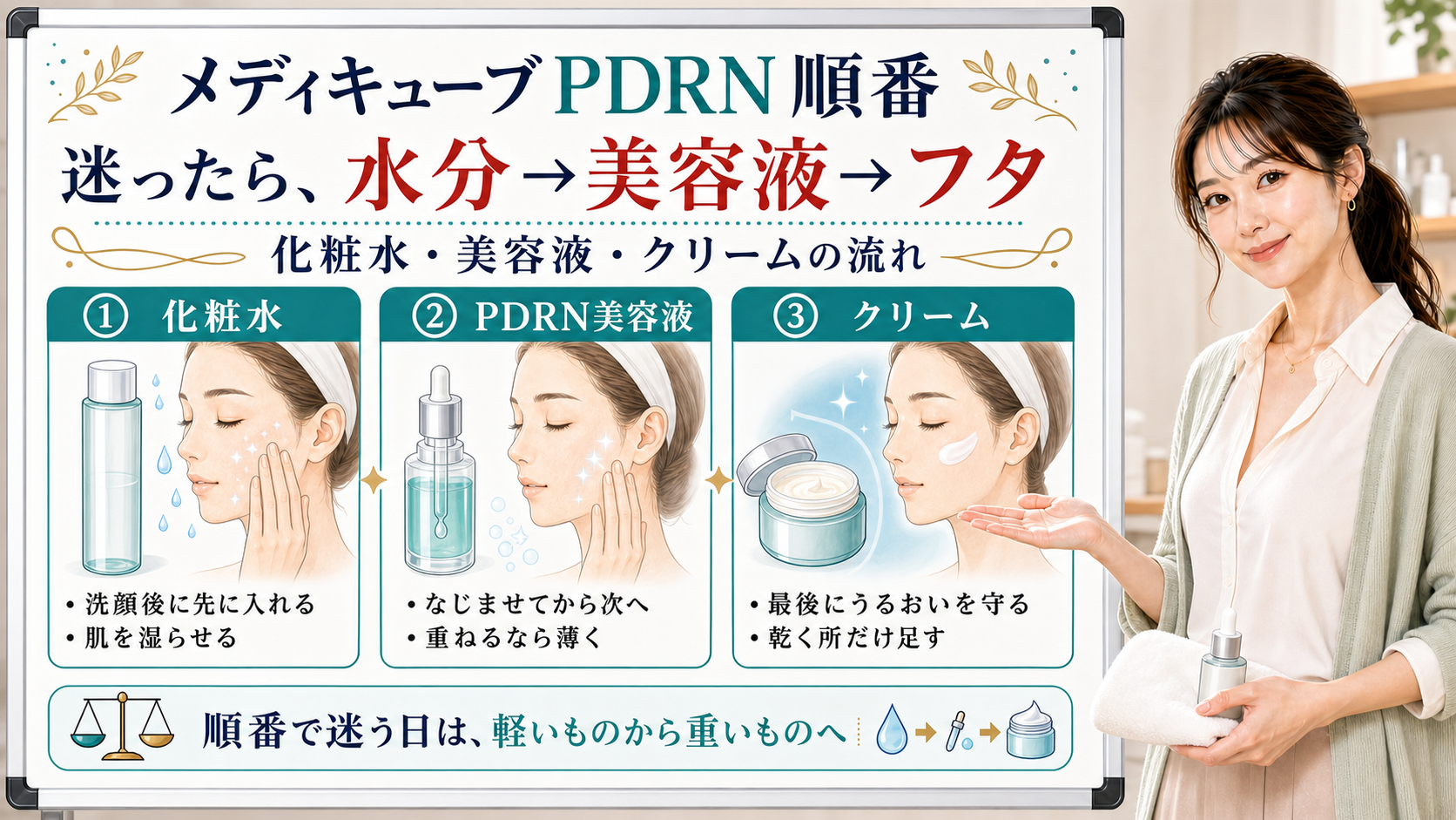 メディキューブPDRNの順番を化粧水、美容液、クリームの流れで整理した美容解説ボード