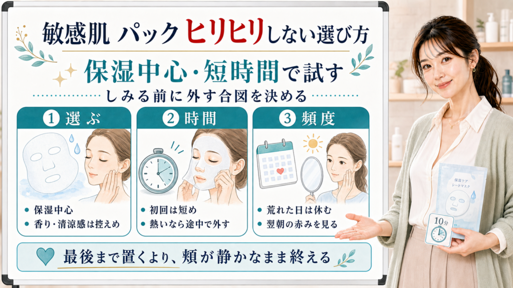 敏感肌でもヒリヒリしにくいパック選びを保湿中心、短時間、頻度の三つで整理した美容解説ボード