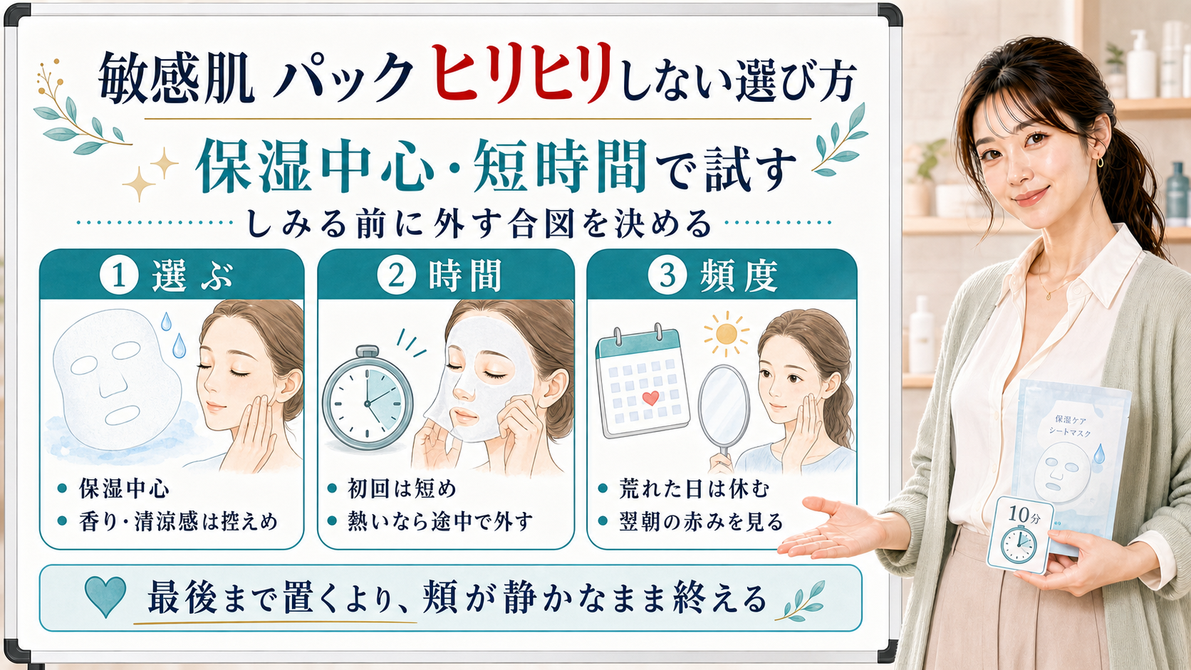 敏感肌でもヒリヒリしにくいパック選びを保湿中心、短時間、頻度の三つで整理した美容解説ボード