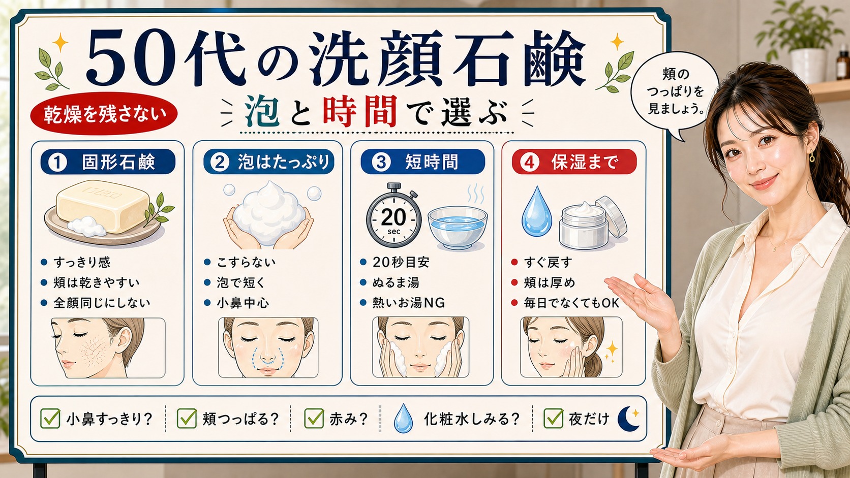 50代の洗顔石鹸を泡と時間で選び乾燥を残さない使い方を解説