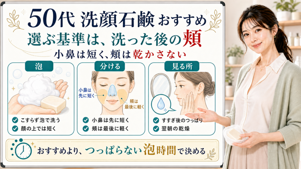 50代の洗顔石鹸選びを洗った後の頬、小鼻と頬の泡時間、つっぱり確認で整理した美容解説ボード