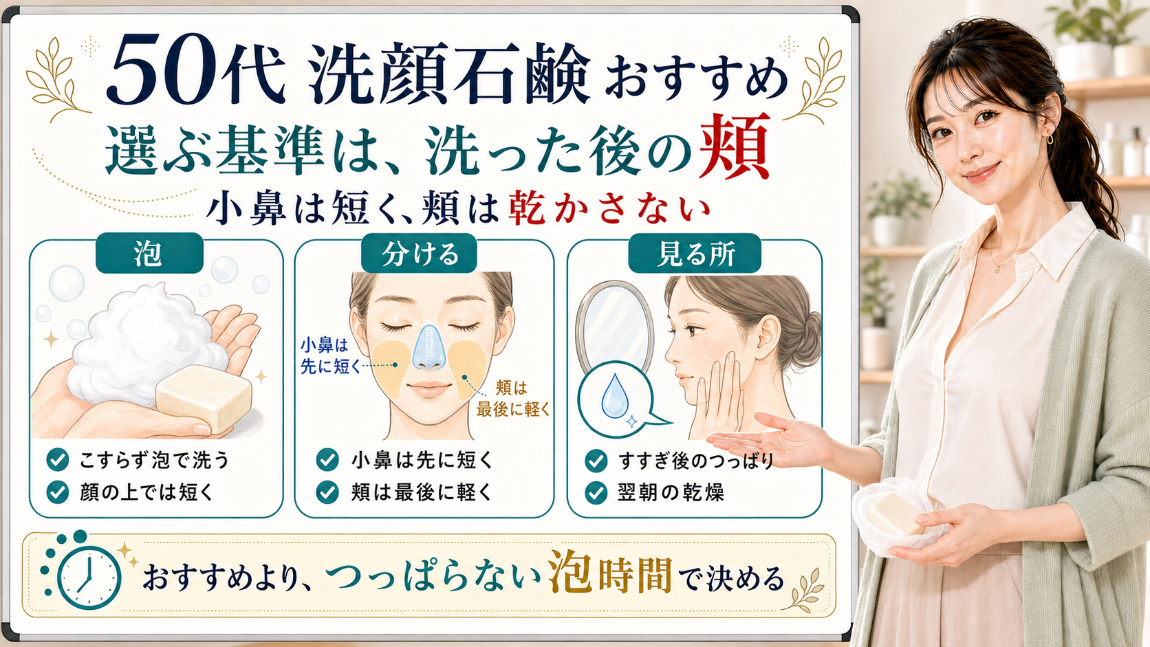 50代の洗顔石鹸選びを洗った後の頬、小鼻と頬の泡時間、つっぱり確認で整理した美容解説ボード
