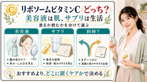 リポソームビタミンCを美容液とサプリで分け、肌に塗るか生活で飲むかを整理した美容解説ボード