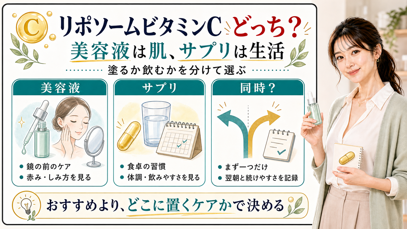 リポソームビタミンCを美容液とサプリで分け、肌に塗るか生活で飲むかを整理した美容解説ボード