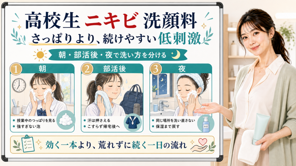 高校生ニキビの洗顔料選びを朝、部活後、夜の洗い方で整理した美容解説ボード