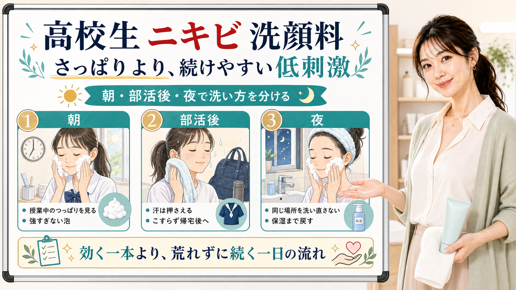 高校生ニキビの洗顔料選びを朝、部活後、夜の洗い方で整理した美容解説ボード