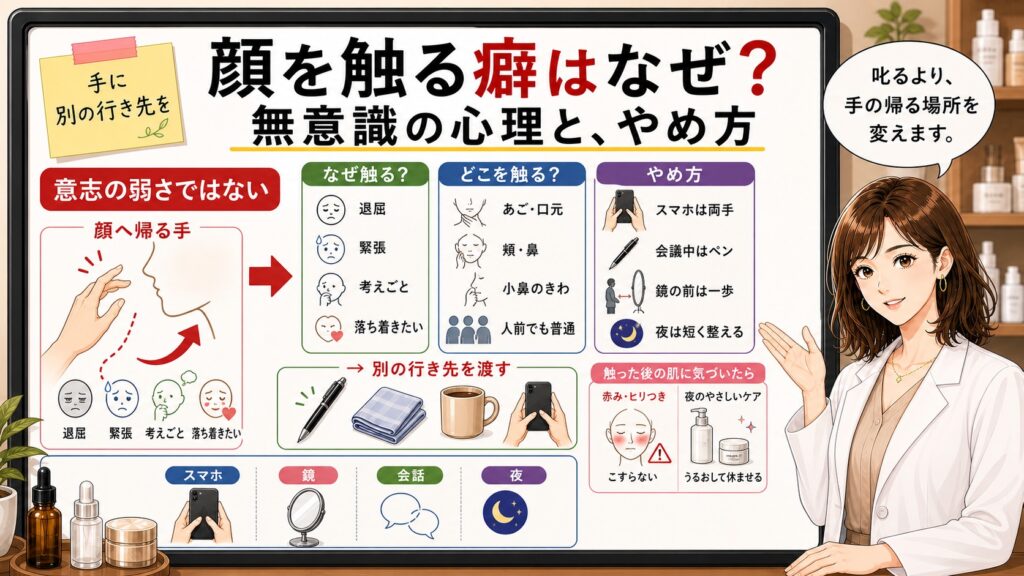 顔を触る癖はなぜ起きるのか、意志の弱さではなく無意識の心理と手の別の行き先で見ることを大判ボードと女性解説者で示したアイキャッチ