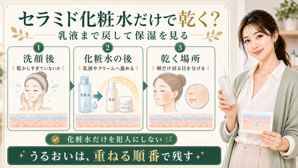 セラミド化粧水だけで乾く時は洗顔後と化粧水後と乾く場所を分けて乳液まで戻すことを示すアイキャッチ
