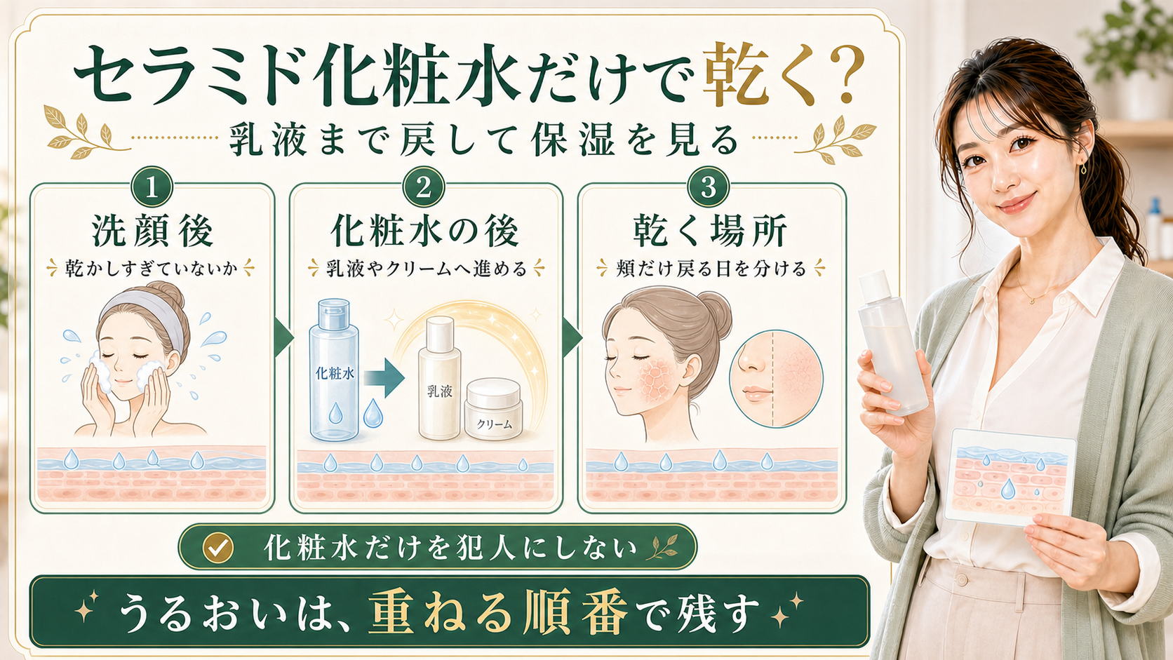 セラミド化粧水だけで乾く時は洗顔後と化粧水後と乾く場所を分けて乳液まで戻すことを示すアイキャッチ