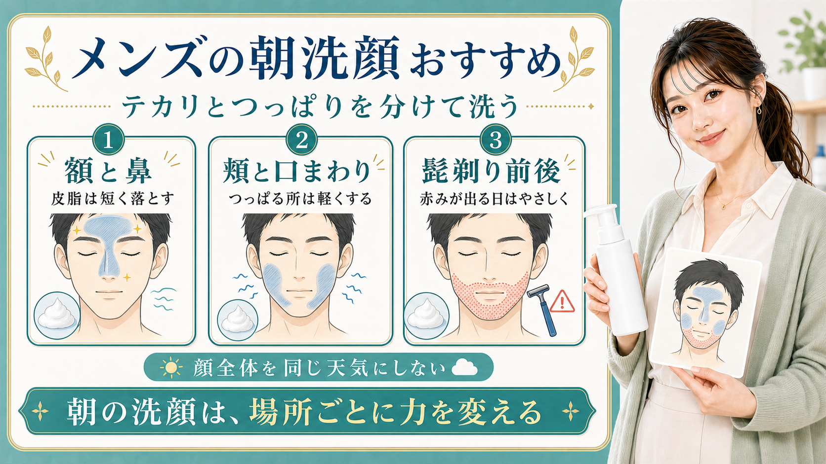 メンズの朝洗顔は額と鼻と頬口まわりと髭剃り前後で洗う力を分けることを示すアイキャッチ