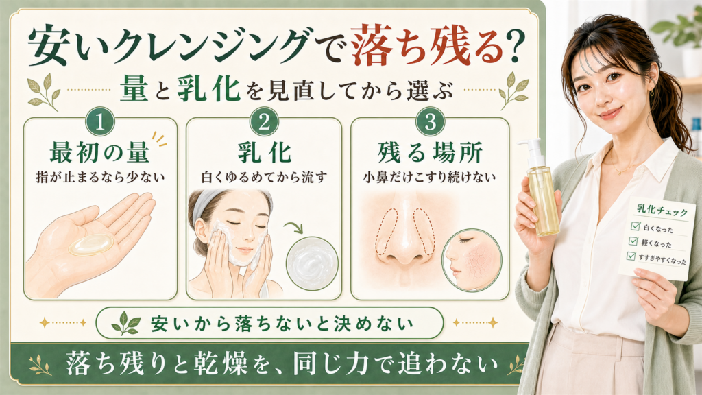 安いクレンジングで落ち残る時は量と乳化と残る場所を見直してから選ぶことを示すアイキャッチ