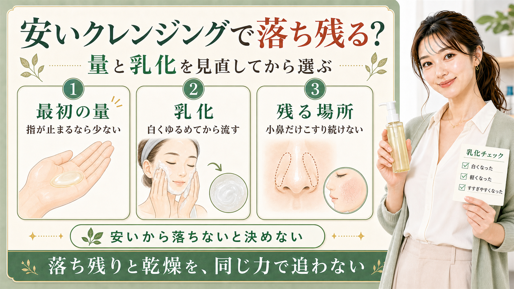 安いクレンジングで落ち残る時は量と乳化と残る場所を見直してから選ぶことを示すアイキャッチ