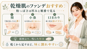 乾燥肌のファンデは頬と小鼻と口まわりの厚みと順番で粉っぽさを見ることを示すアイキャッチ