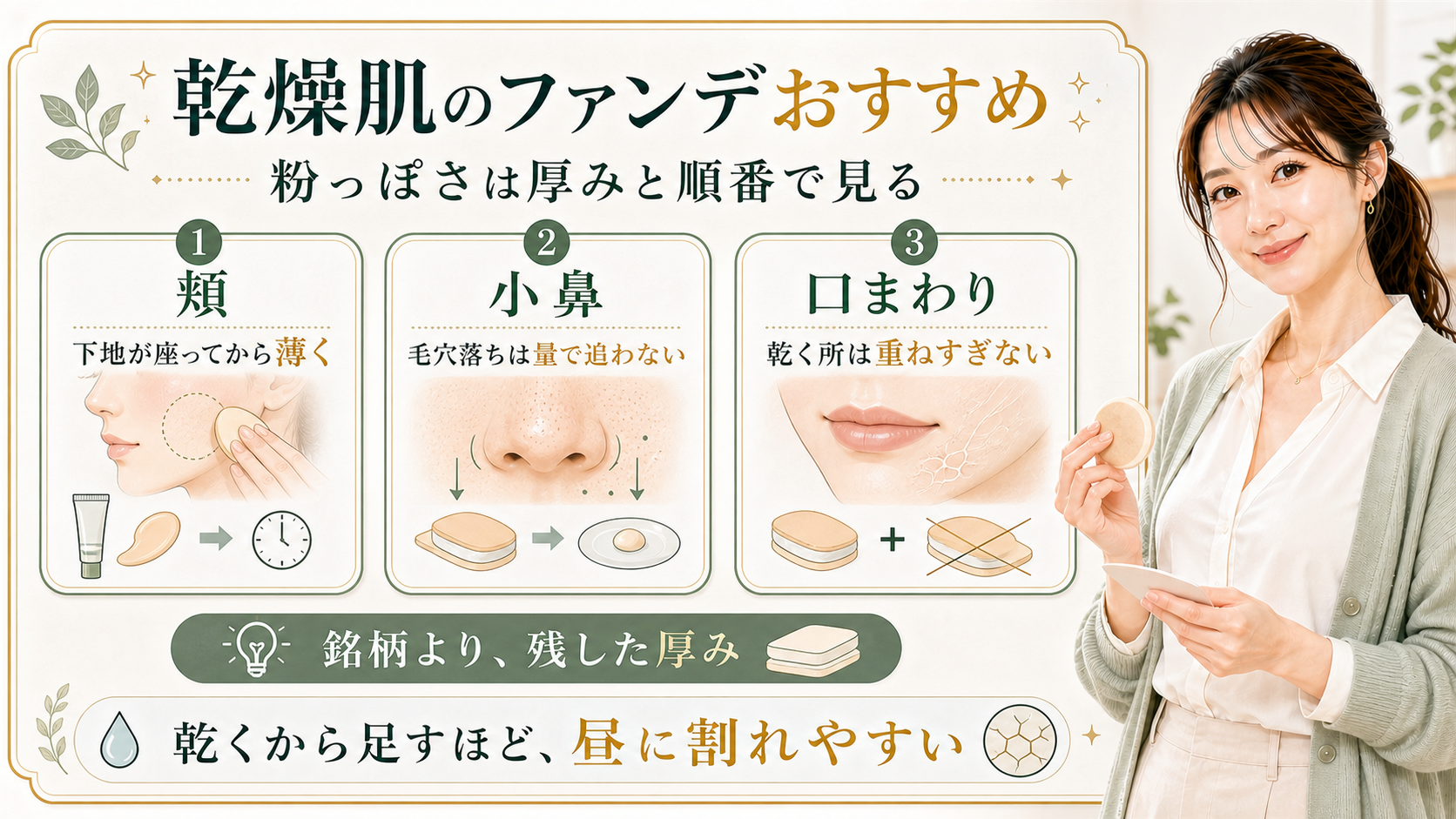 乾燥肌のファンデは頬と小鼻と口まわりの厚みと順番で粉っぽさを見ることを示すアイキャッチ