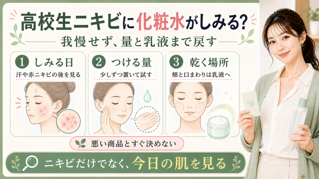 高校生ニキビに化粧水がしみる時はしみる日とつける量と乾く場所を見て乳液まで戻すことを示すアイキャッチ
