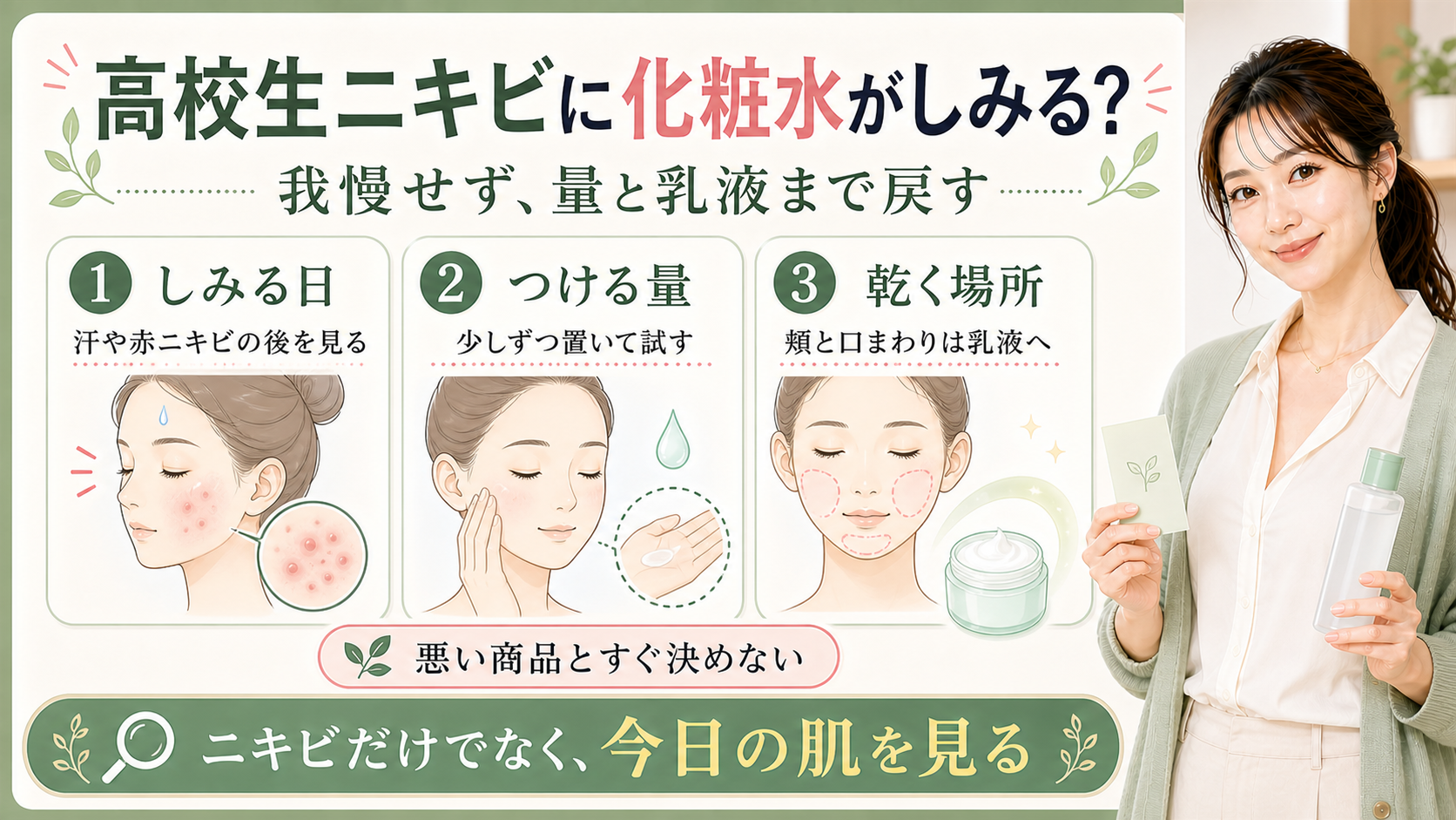 高校生ニキビに化粧水がしみる時はしみる日とつける量と乾く場所を見て乳液まで戻すことを示すアイキャッチ