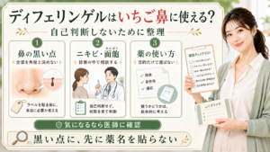 ディフェリンゲルはいちご鼻目的で自己判断せず鼻の黒い点とニキビ面皰と薬の使い方を分けることを示すアイキャッチ