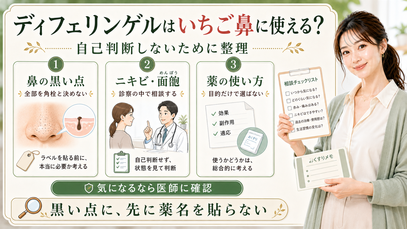 ディフェリンゲルはいちご鼻目的で自己判断せず鼻の黒い点とニキビ面皰と薬の使い方を分けることを示すアイキャッチ