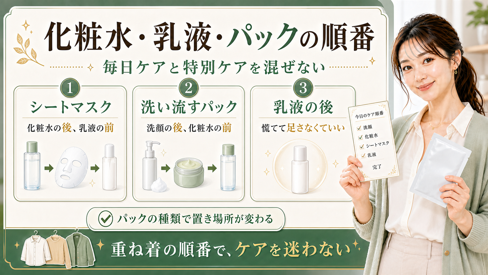 化粧水乳液パックの順番はシートマスクと洗い流すパックで置き場所が変わることを示すアイキャッチ