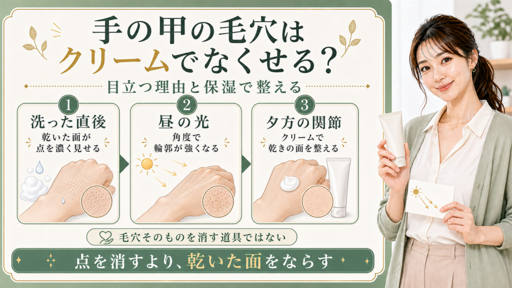 手の甲の毛穴はクリームで消すより洗った直後と昼の光と夕方の関節の乾いた面を整えることを示すアイキャッチ
