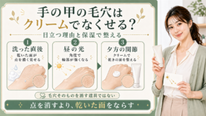 手の甲の毛穴はクリームで消すより洗った直後と昼の光と夕方の関節の乾いた面を整えることを示すアイキャッチ