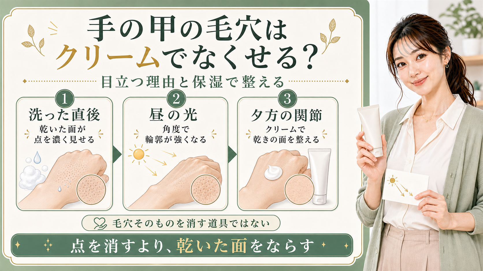 手の甲の毛穴はクリームで消すより洗った直後と昼の光と夕方の関節の乾いた面を整えることを示すアイキャッチ