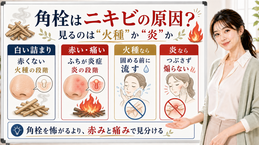 角栓がニキビになるかを火種と炎で見分けるアイキャッチ