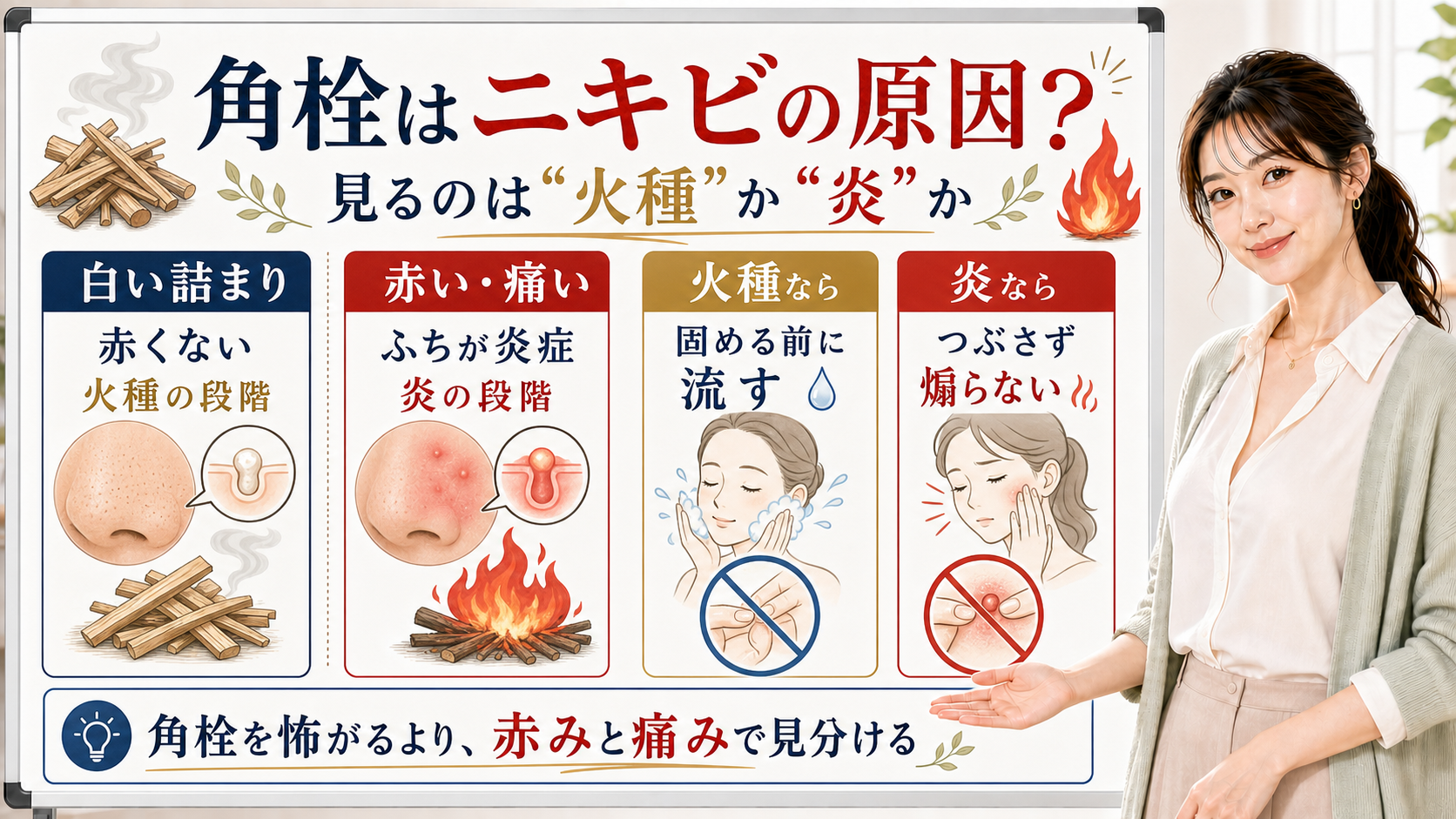 角栓がニキビになるかを火種と炎で見分けるアイキャッチ