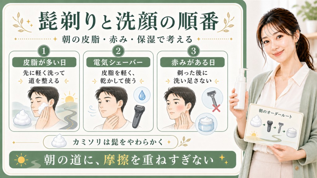 髭剃りと洗顔の順番は朝の皮脂と電気シェーバーと赤みで摩擦を重ねすぎないことを示すアイキャッチ