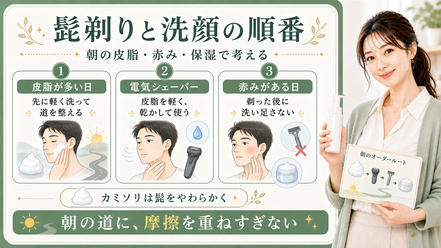 髭剃りと洗顔の順番は朝の皮脂と電気シェーバーと赤みで摩擦を重ねすぎないことを示すアイキャッチ
