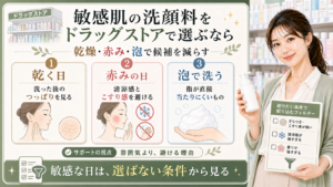 敏感肌の洗顔料は乾燥と赤みと泡で選ばない条件から候補を減らすことを示すアイキャッチ