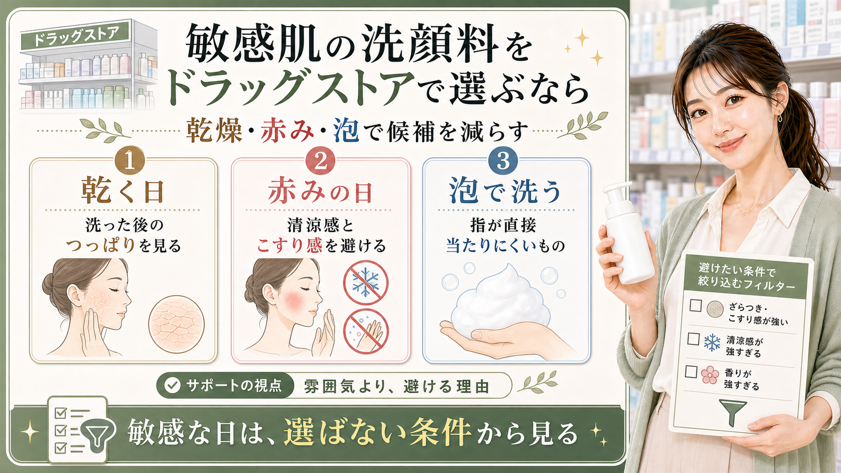 敏感肌の洗顔料は乾燥と赤みと泡で選ばない条件から候補を減らすことを示すアイキャッチ