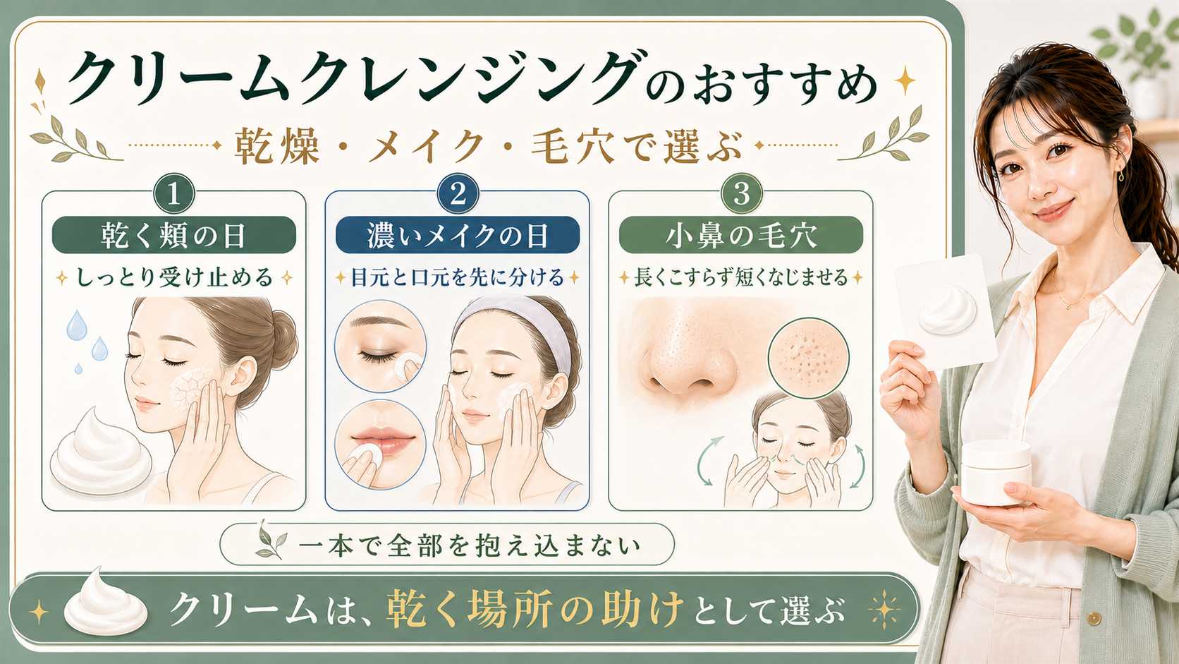 クリームクレンジングは乾く頬の日と濃いメイクの日と小鼻の毛穴で使い方を分けることを示すアイキャッチ