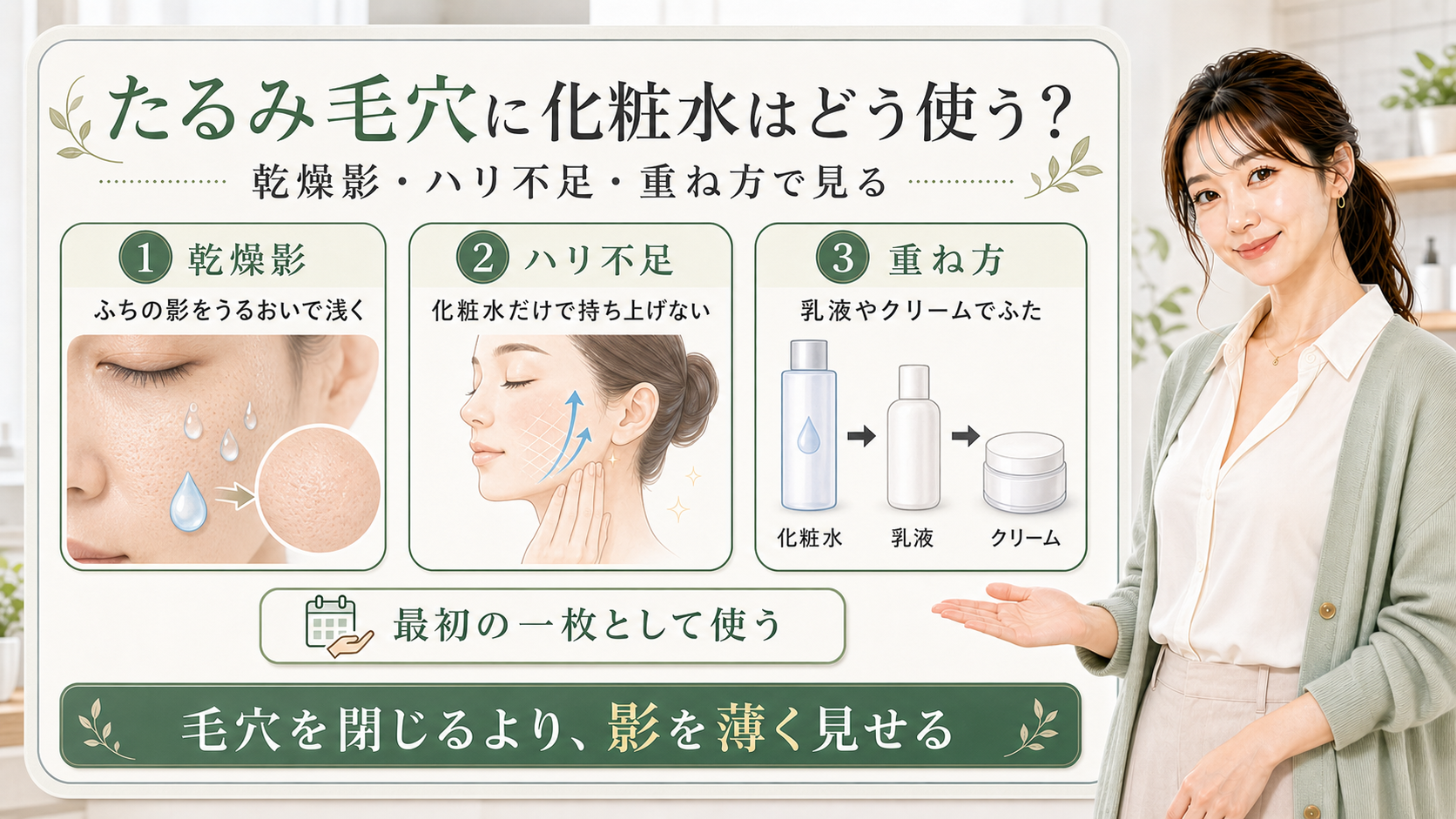 たるみ毛穴に化粧水を使う時は乾燥影とハリ不足と重ね方で影を薄く見せることを示すアイキャッチ