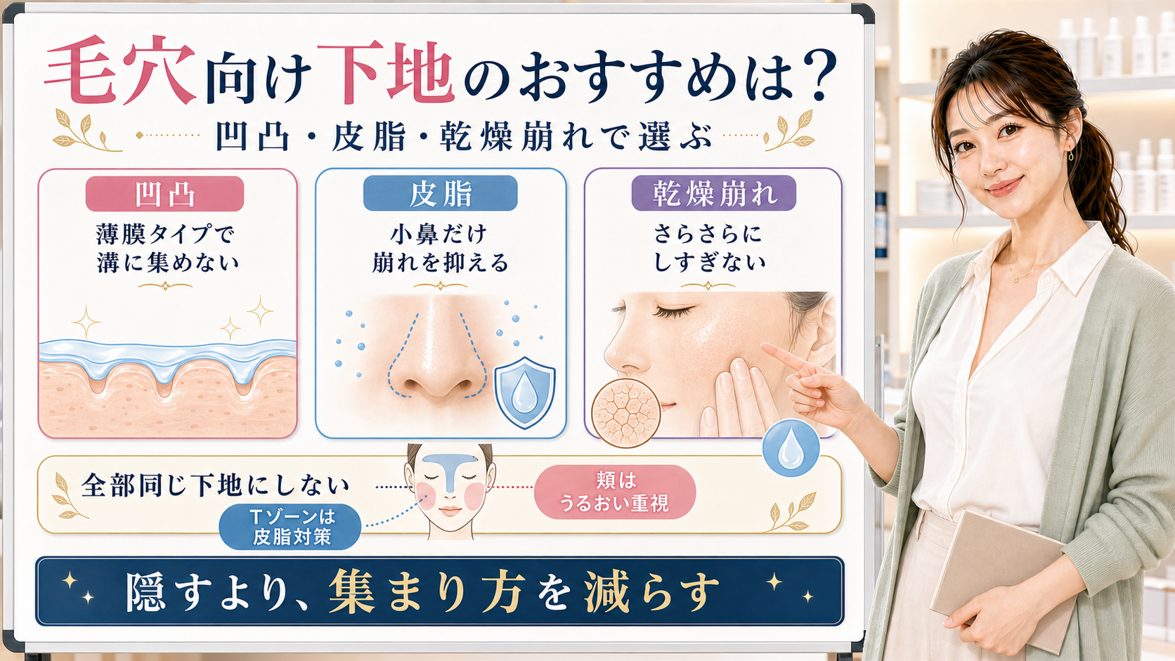 毛穴向け下地は凹凸と皮脂と乾燥崩れで薄膜や小鼻用や乾く場所を分けて選ぶことを示すアイキャッチ