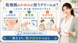 乾燥肌のかゆみに使うクリームはしみる日と塗る量と受診目安を分けて考えることを示すアイキャッチ