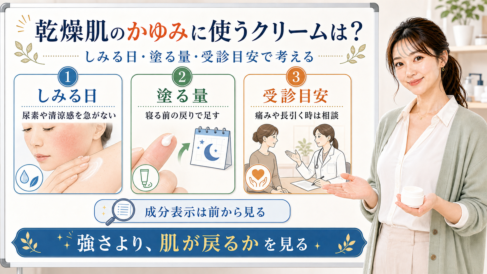 乾燥肌のかゆみに使うクリームはしみる日と塗る量と受診目安を分けて考えることを示すアイキャッチ