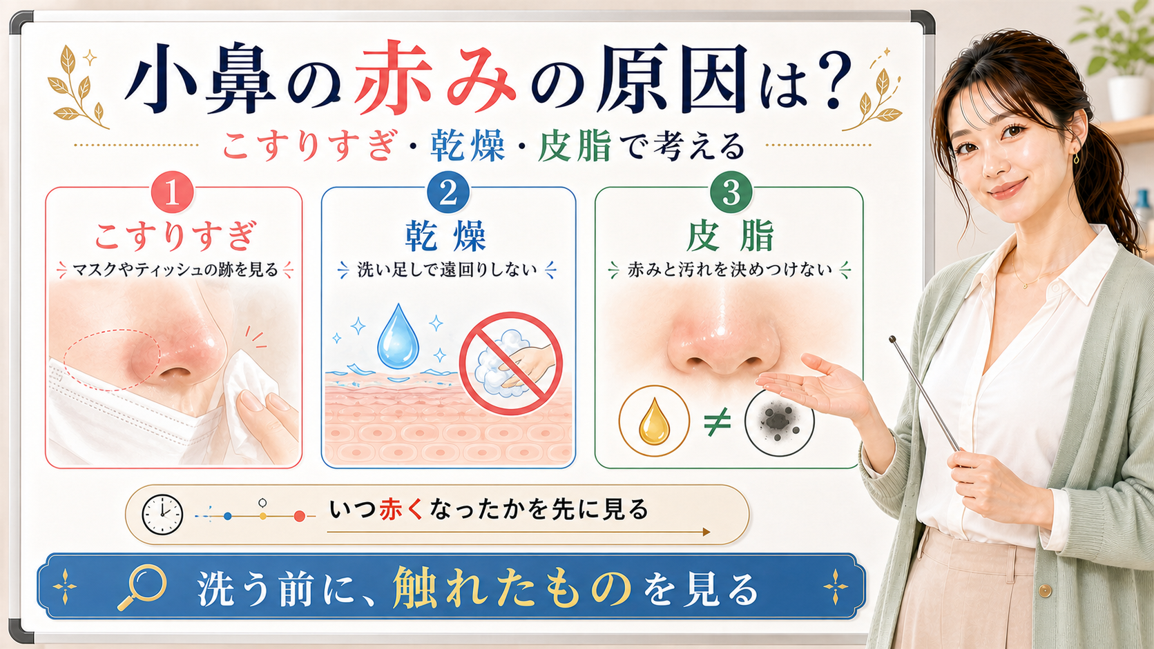 小鼻の赤みの原因はこすりすぎと乾燥と皮脂をいつ赤くなったかで分けて見ることを示すアイキャッチ