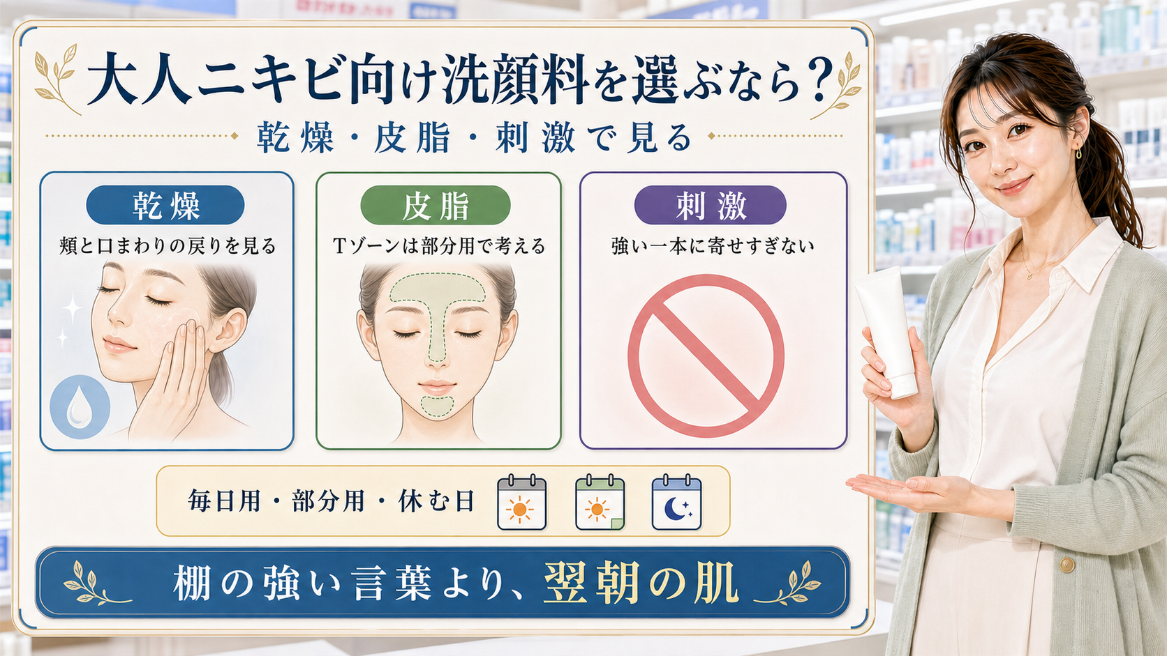 大人ニキビ向け洗顔料は乾燥と皮脂と刺激で毎日用部分用休む日を分けることを示すアイキャッチ