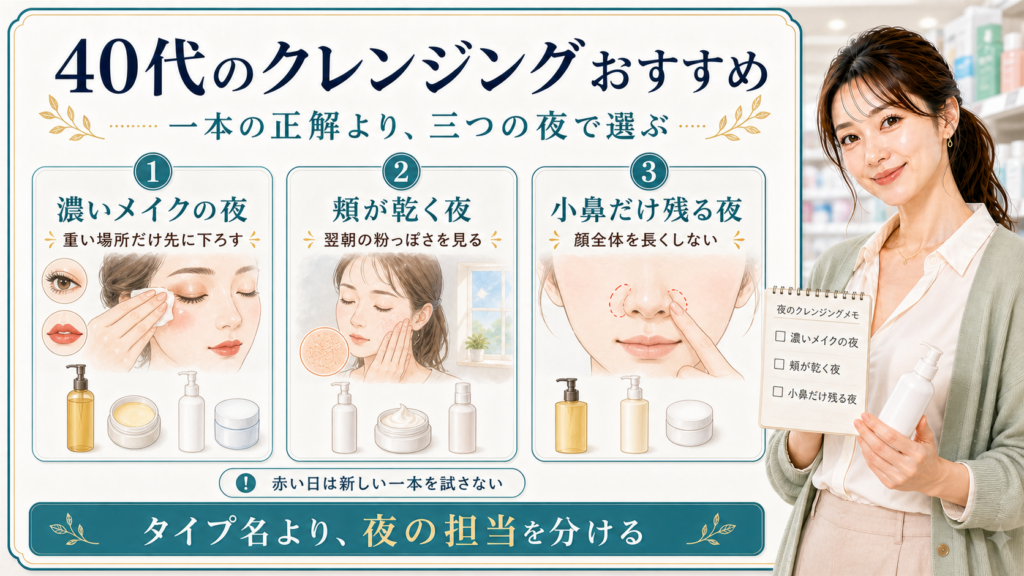 40代のドラッグストアクレンジングは濃いメイクの夜と頬が乾く夜と小鼻だけ残る夜で分けて選ぶことを示すアイキャッチ