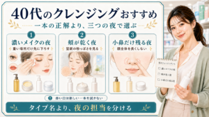 40代のドラッグストアクレンジングは濃いメイクの夜と頬が乾く夜と小鼻だけ残る夜で分けて選ぶことを示すアイキャッチ
