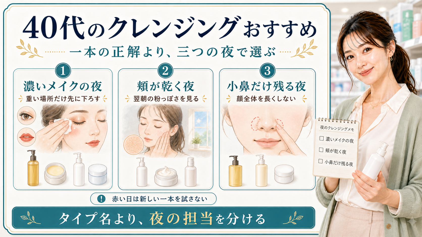 40代のドラッグストアクレンジングは濃いメイクの夜と頬が乾く夜と小鼻だけ残る夜で分けて選ぶことを示すアイキャッチ
