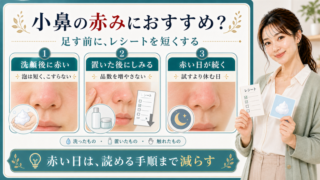小鼻の赤みは洗顔後や置いた後や赤い日が続く時で手順を短くして見ることを示すアイキャッチ