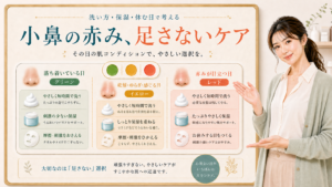 小鼻の赤みケアの選び方を説明する自然な女性アドバイザーの図解